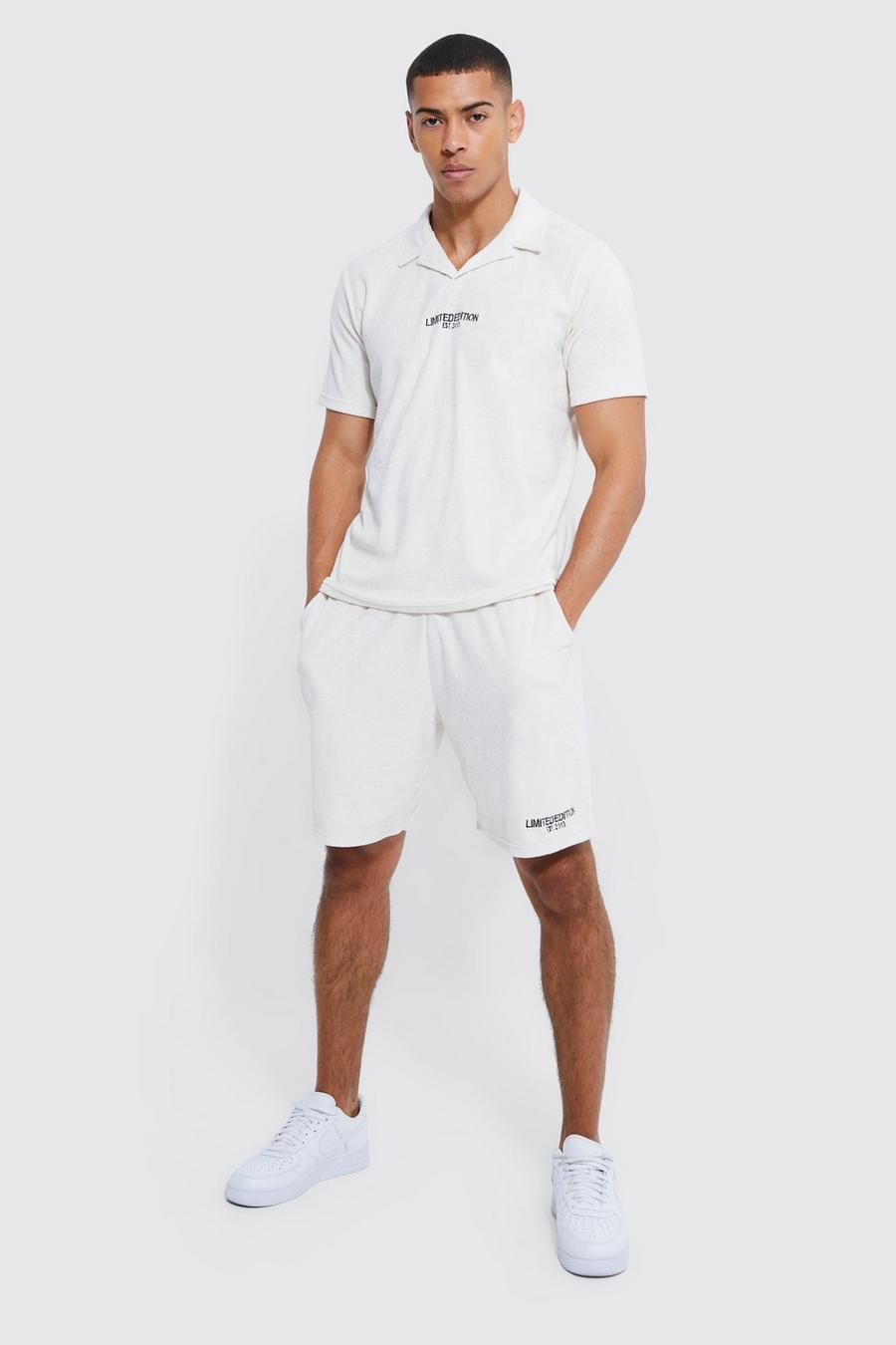 Ecru blanc Embroidered Towelling Polo And Short Set