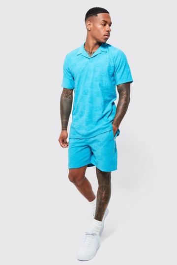 Embossed Patterned Polo Short Set bright blue