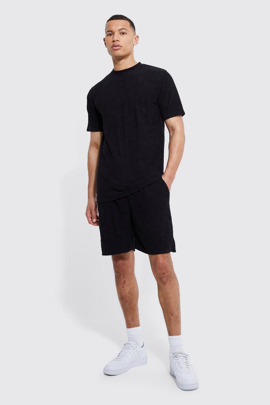 Black Tall Ribbed Towelling Short Set image number 1