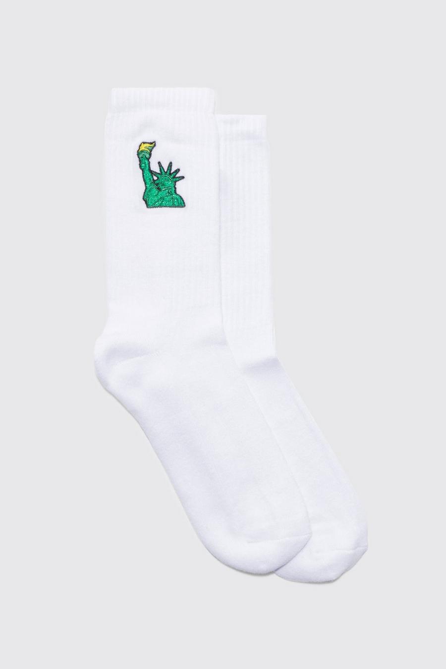 Statue Of Liberty Embroidered Sports Socks, White