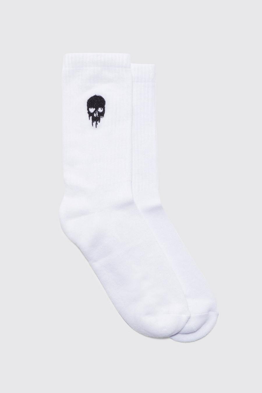 Skull Embroidered Sports Socks, White blanco image number 1