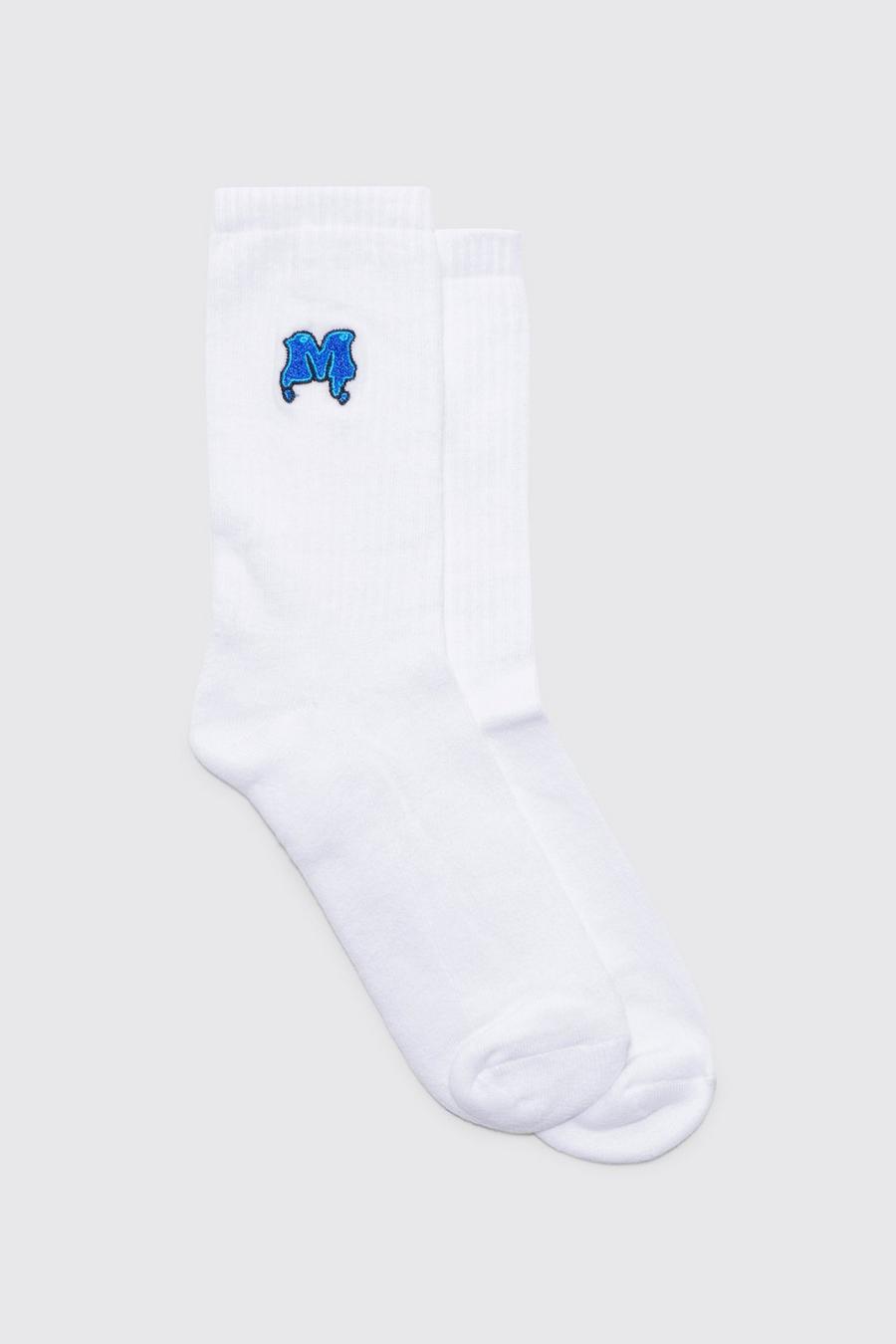 M Embroidered Sports Socks, White