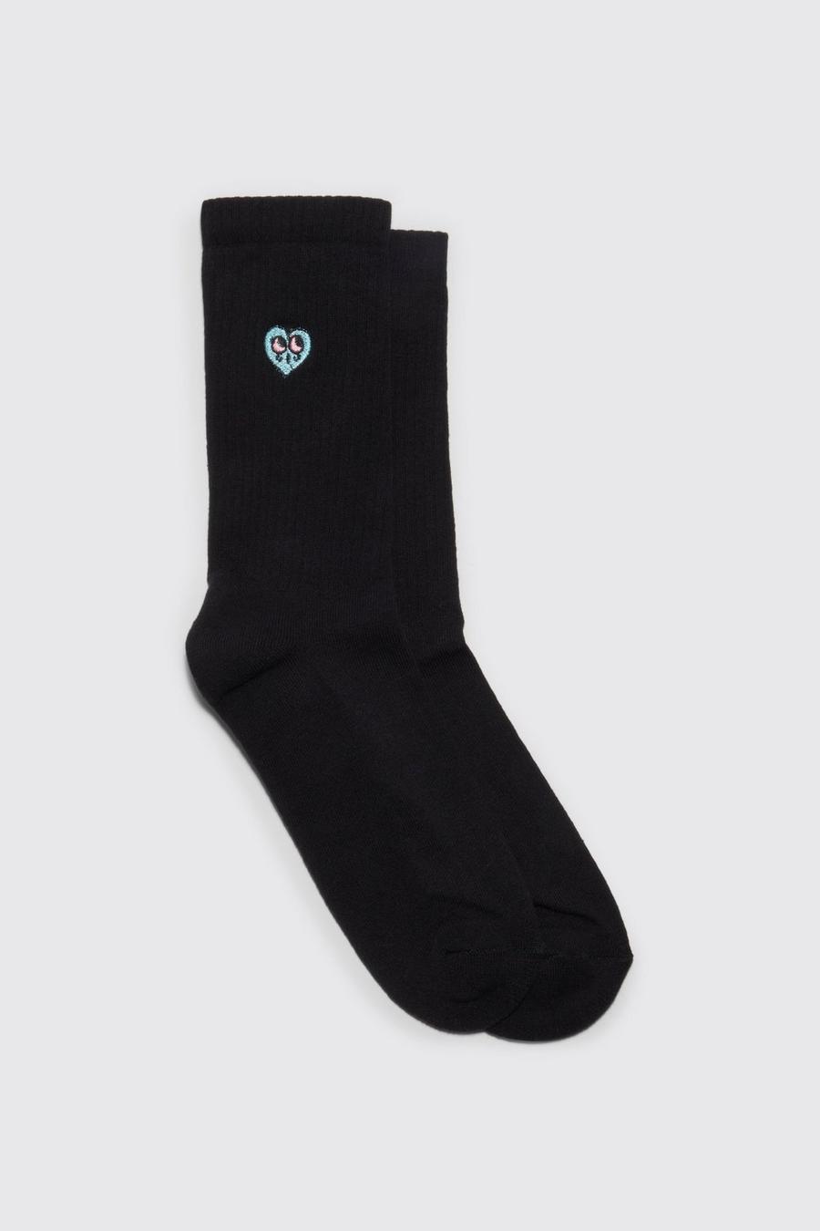 Heart Embroidered Sports Socks, Black negro