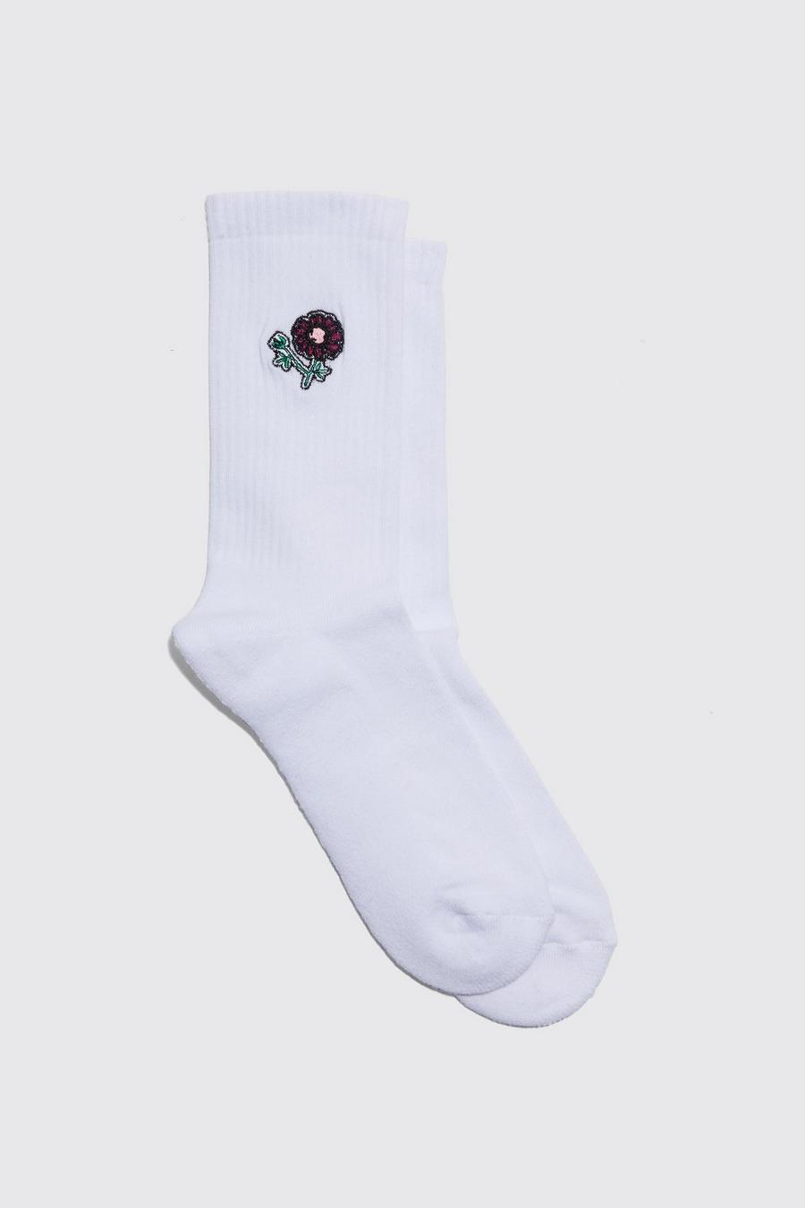 Sport-Socken mit Blumen-Stickerei, White image number 1