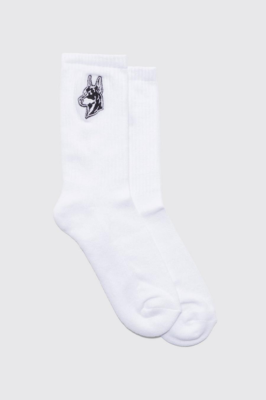 Dog Embroidered Sports Socks, White blanco image number 1