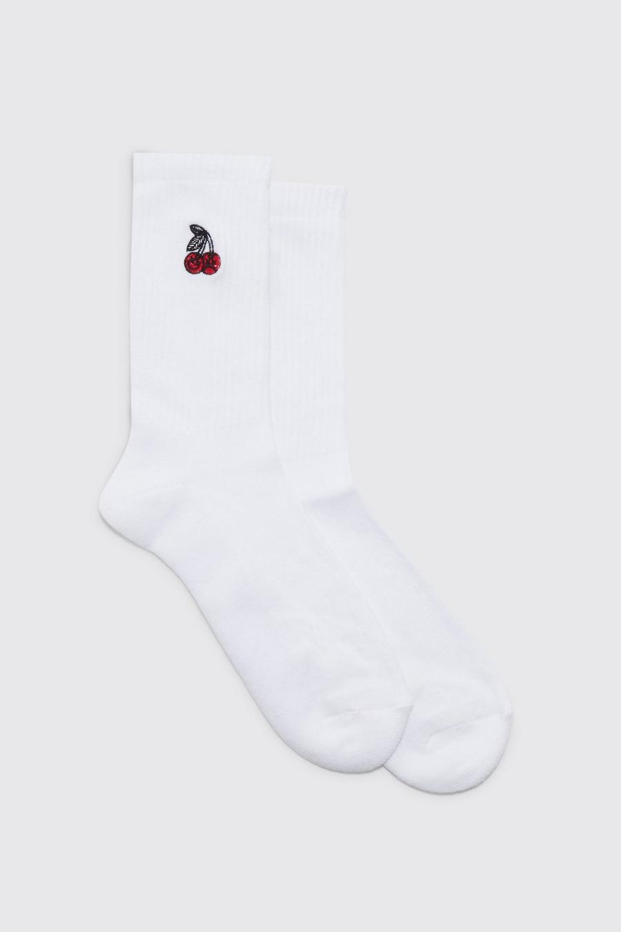 White vit Cherry Embroidered Sports Socks