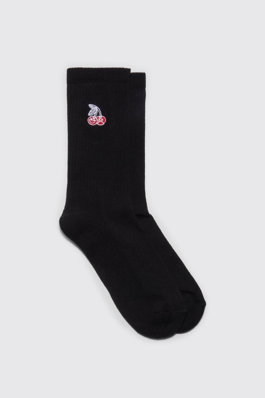 Cherry Embroidered Sports Socks, Black nero image number 1