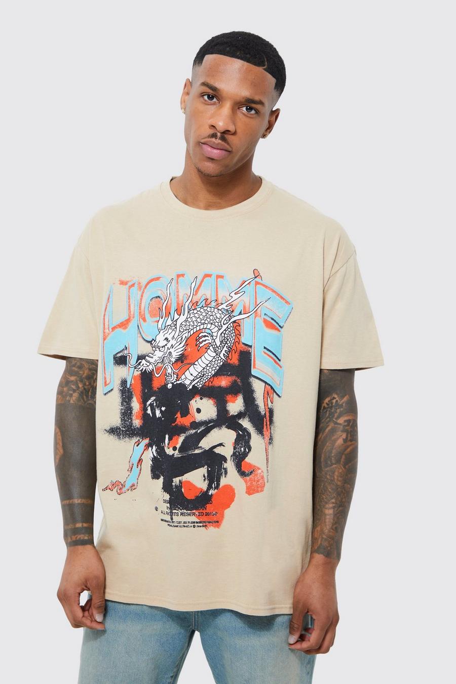 Sand beige Oversized Homme Dragon Graphic T-shirt image number 1