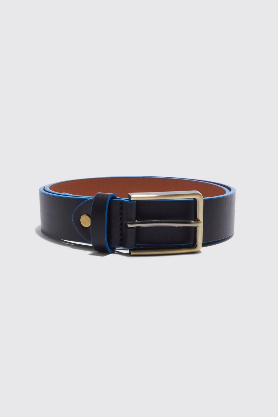 Black svart Faux Leather Man Belt With Contrast Piping image number 1
