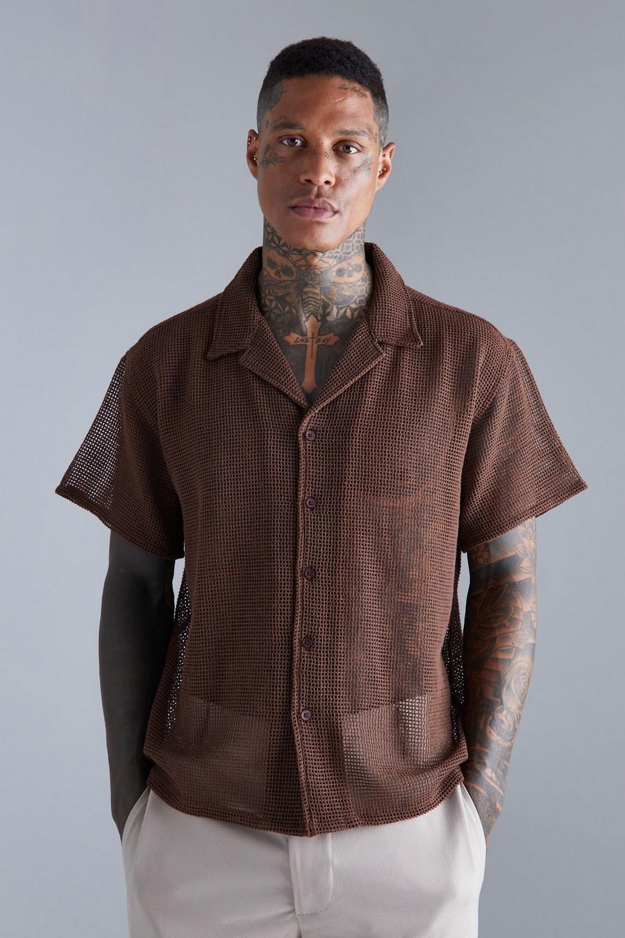 Chocolate marron Short Sleeve Boxy Open Weave Shirt