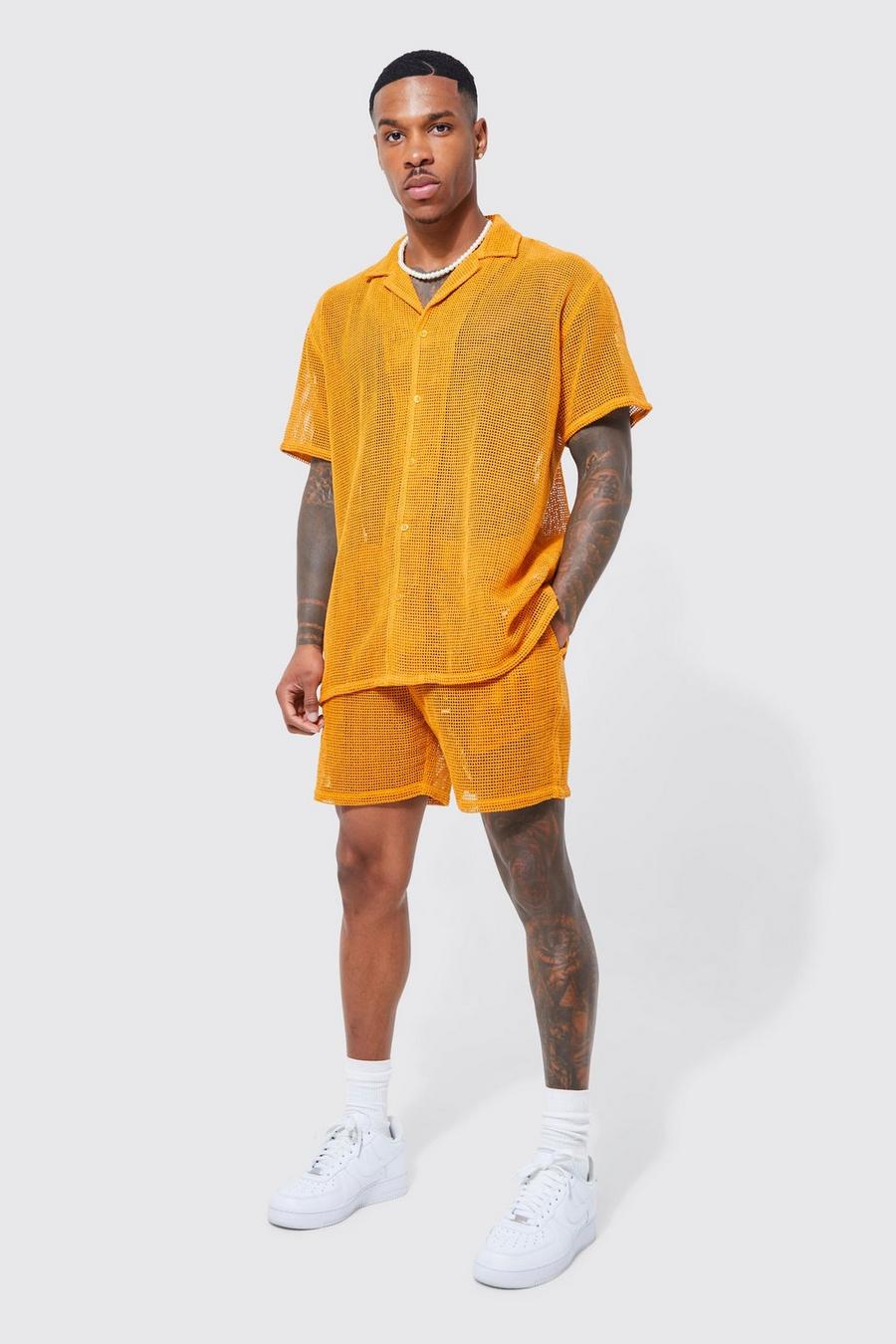 Orange naranja Short Sleeve Open Weave Shirt And Short Set