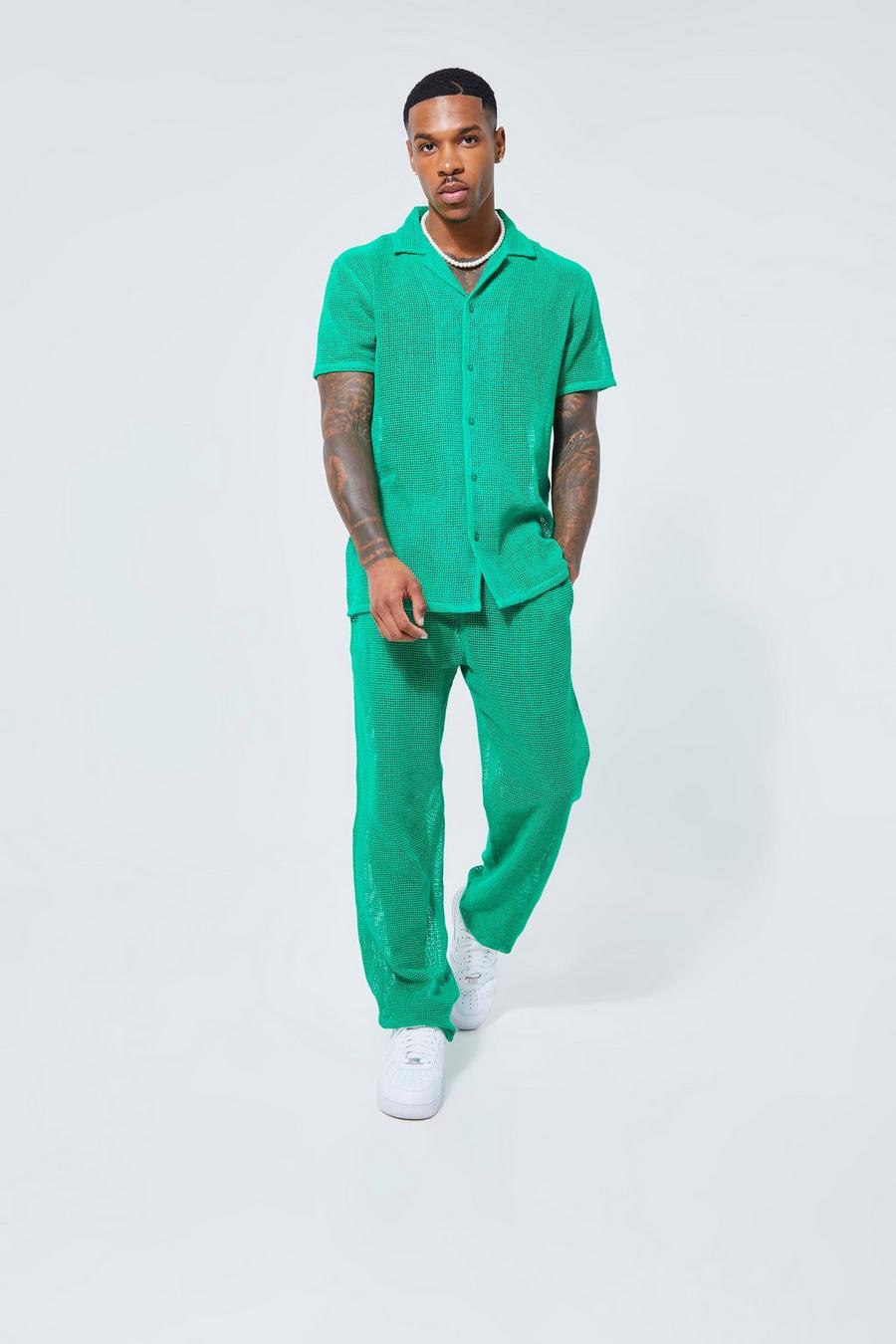 Green Short Sleeve Open Weave Shirt And Trouser Set