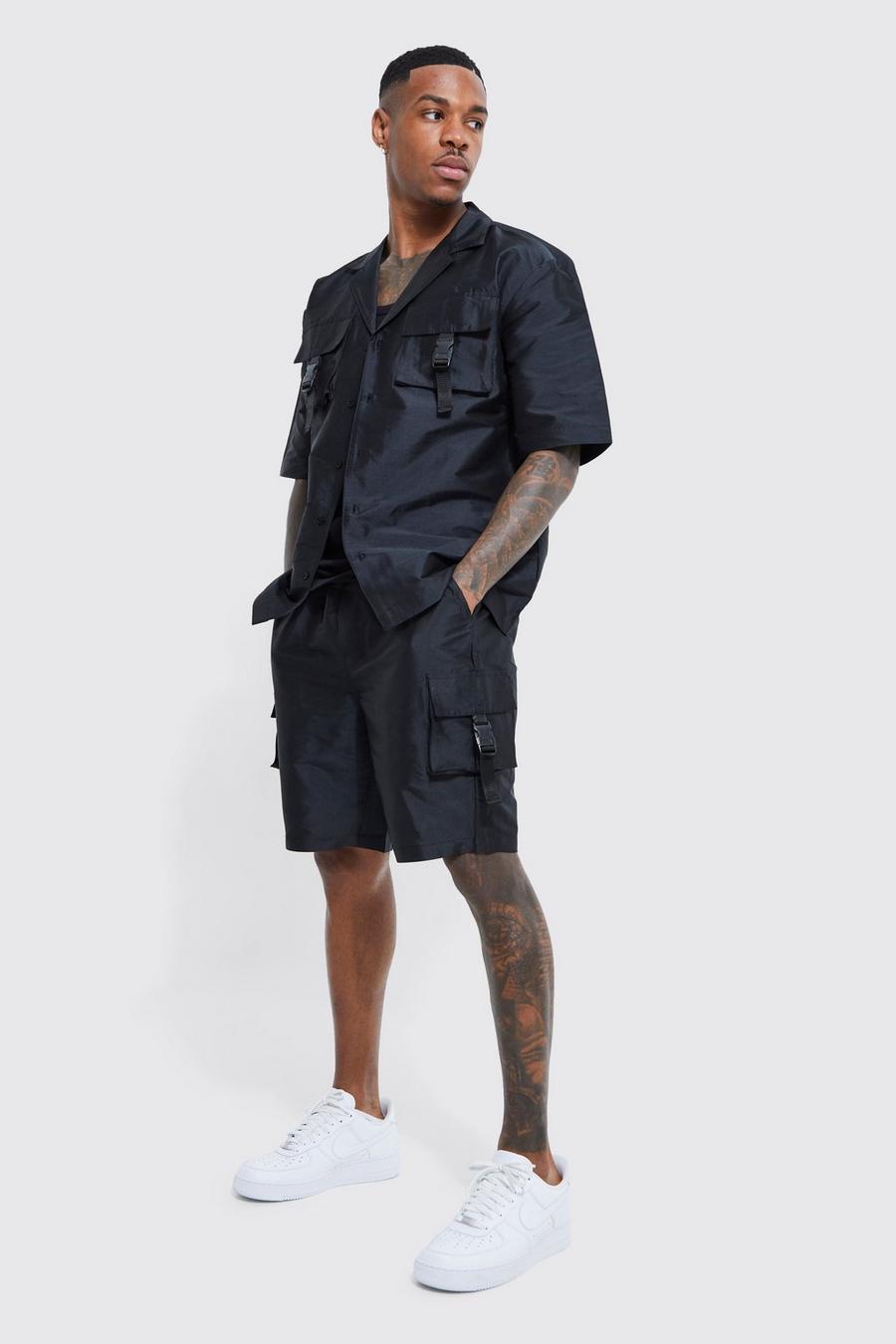Black Utility Overhemd Met Korte Mouwen En Revers Kraag En Cargo Shorts Set
