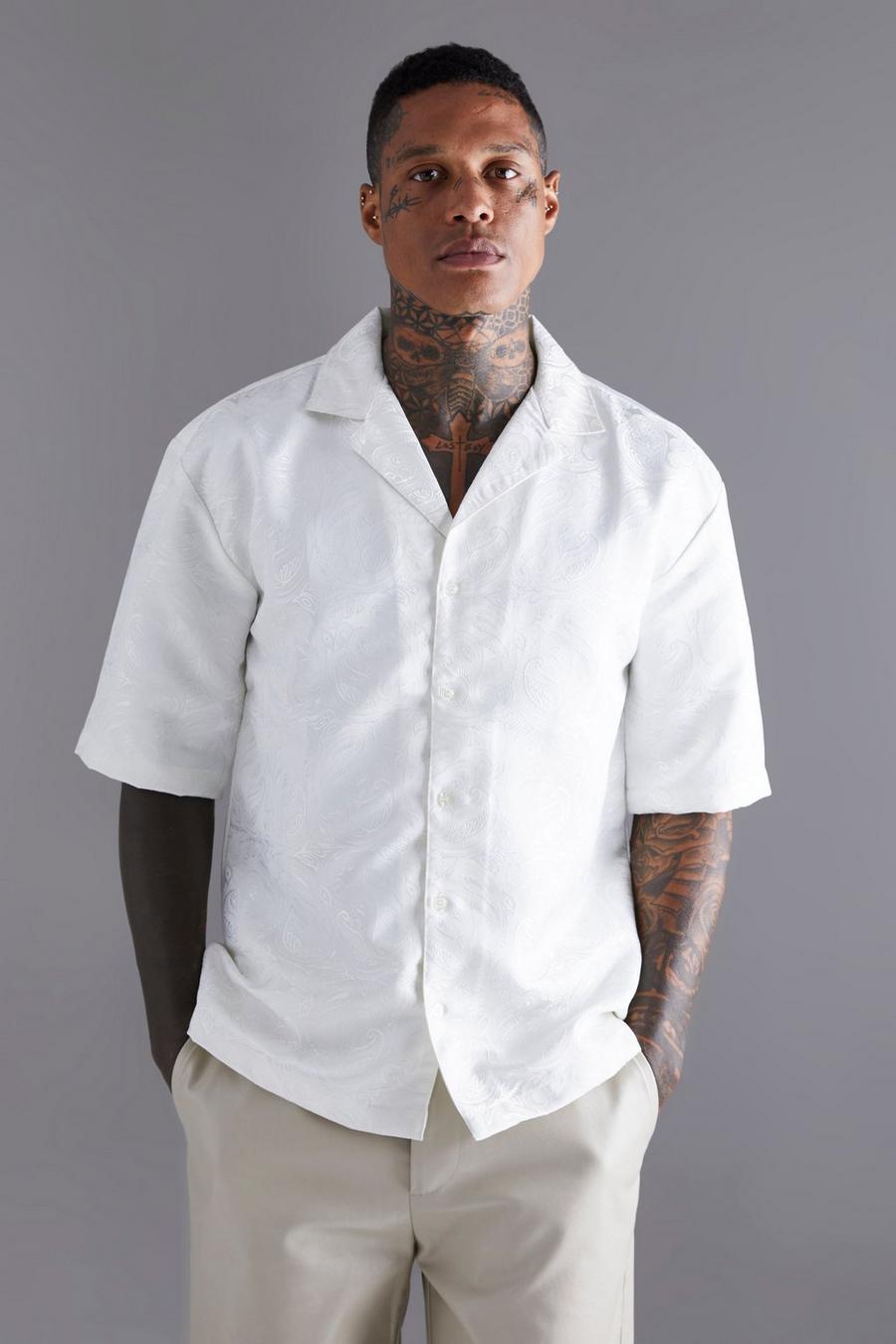 Ecru white Short Sleeve Drop Revere 3d Floral Shirt 