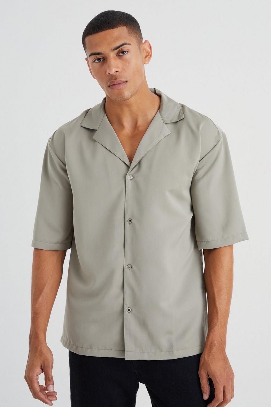 Taupe Short Sleeve Drop Revere Satin Shirt image number 1