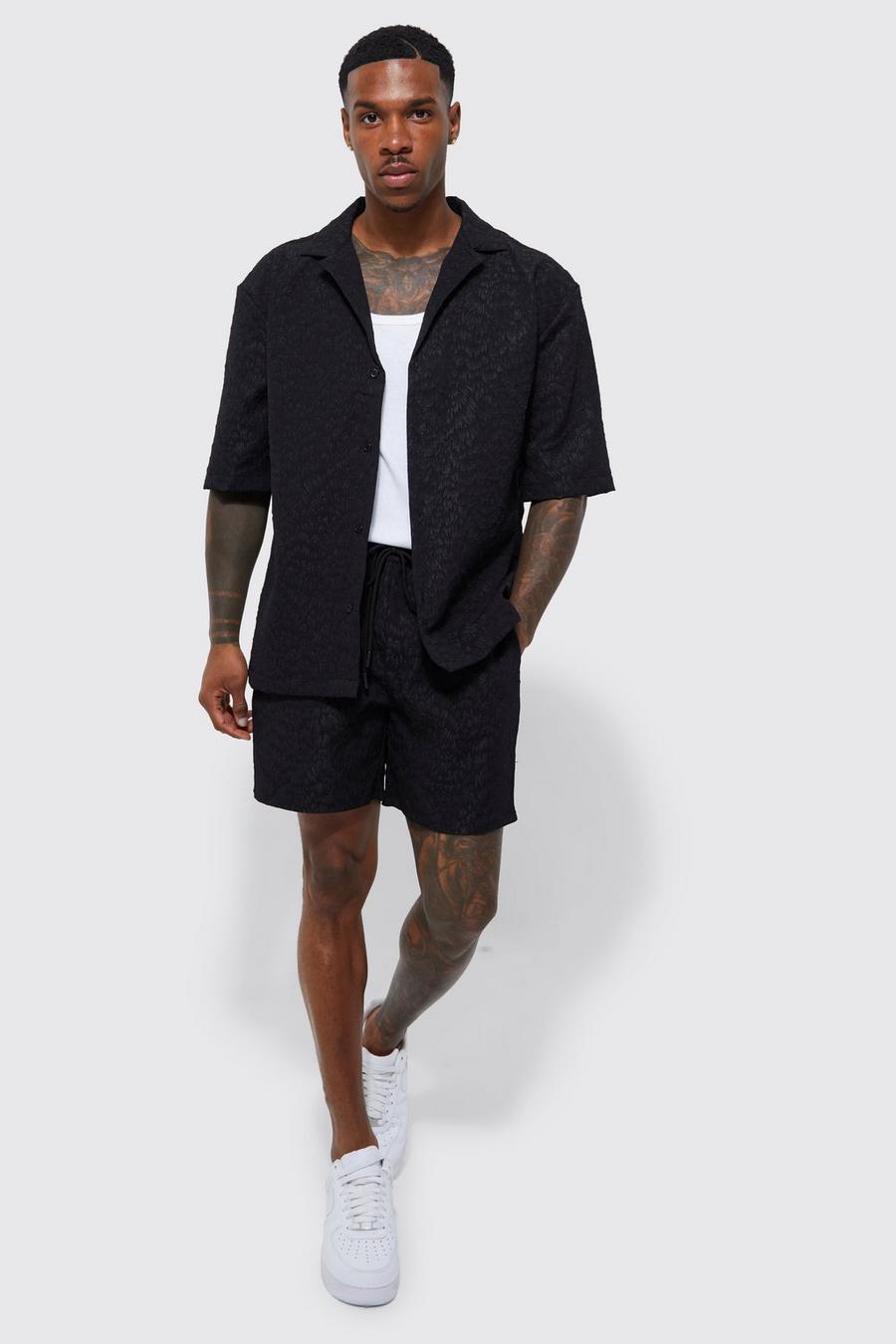 Black Short Sleeve Drop Revere Textured  Shirt And Short Set image number 1