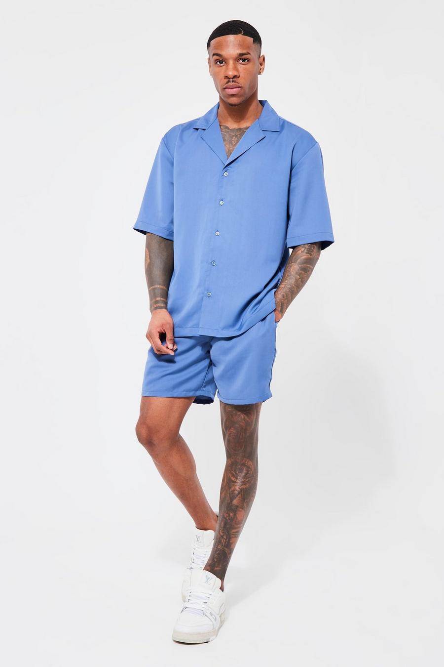 Slate blue Short Sleeve Drop Revere Satin Shirt And Short Set