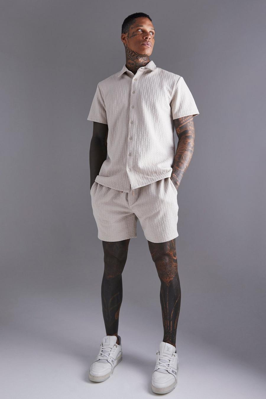Stone beige Short Sleeve Textured Stretch Shirt And Short Set