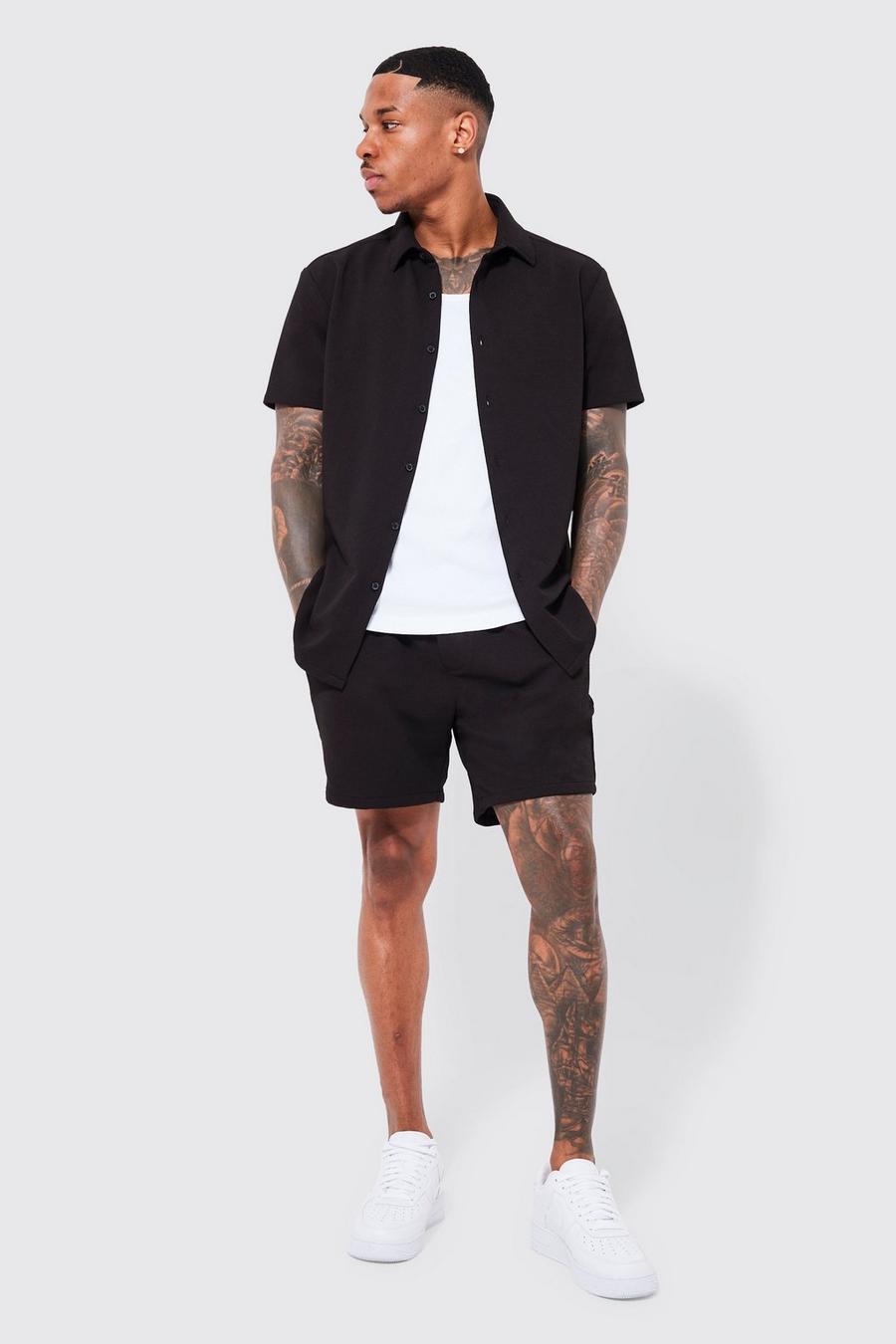 Black Short Sleeve Jersey Textured Shirt And Short Set image number 1