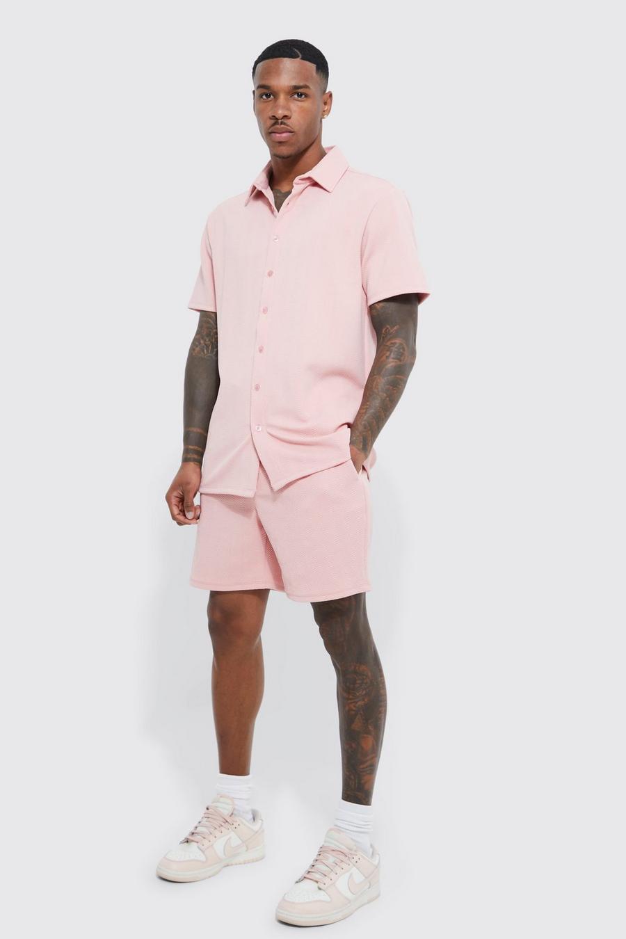 Light pink rose Short Sleeve Jersey Herringbone Shirt And Short Set