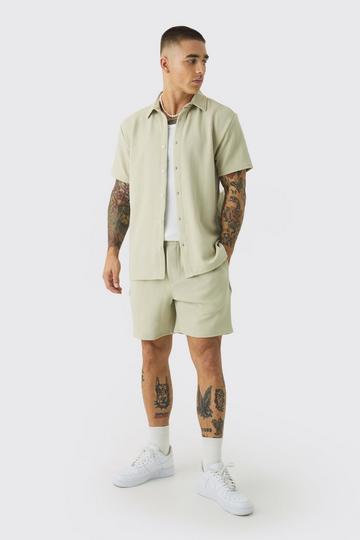 Short Sleeve Jersey Herringbone Regular Fit Shirt And Short Set stone