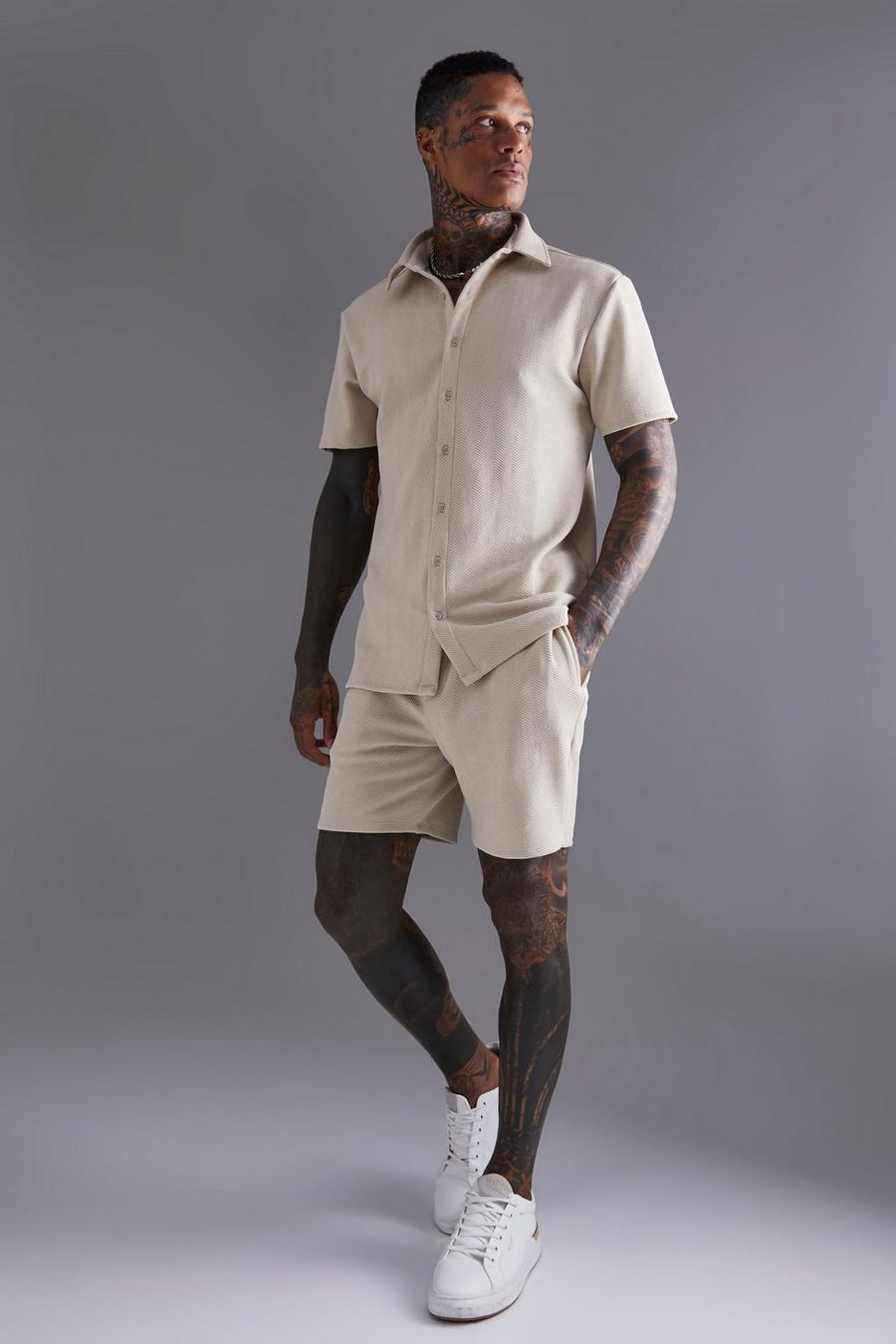 Stone beige Short Sleeve Jersey Herringbone Shirt And Short Set