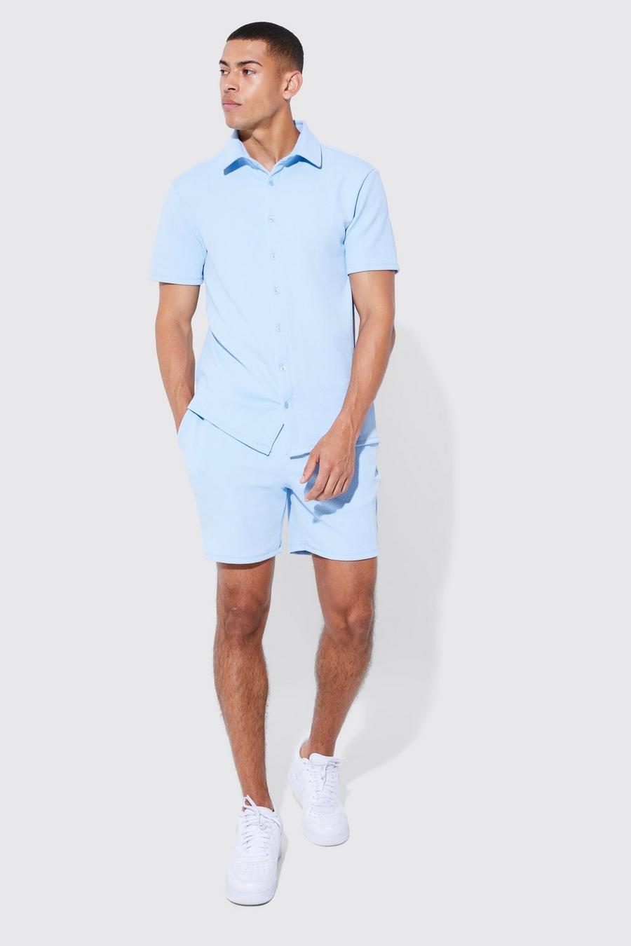 Light blue Short Sleeve Jersey Herringbone Shirt And Short Set image number 1