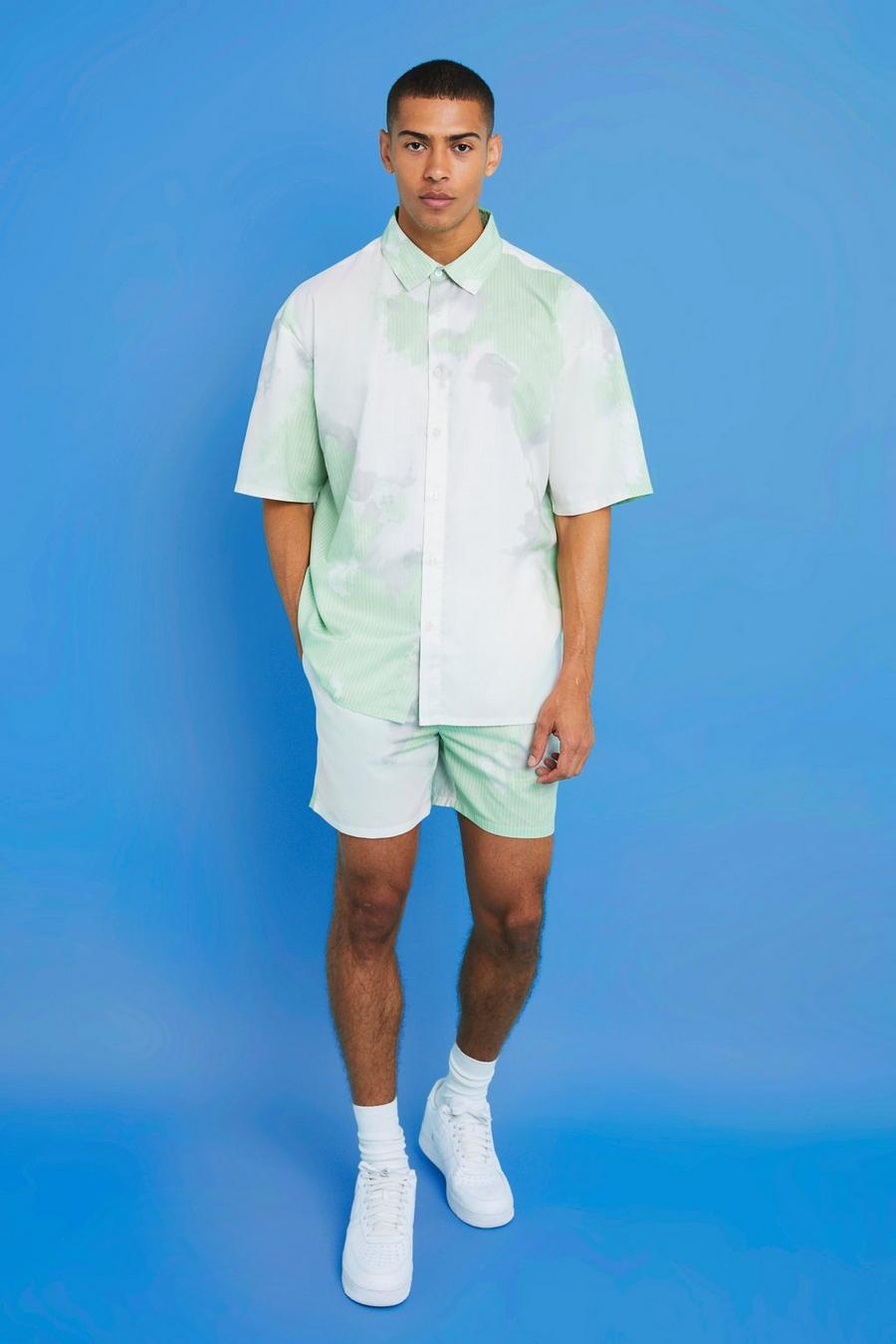 Kurzärmliges kastiges Oversize Batik Hemd und Shorts, Sage green