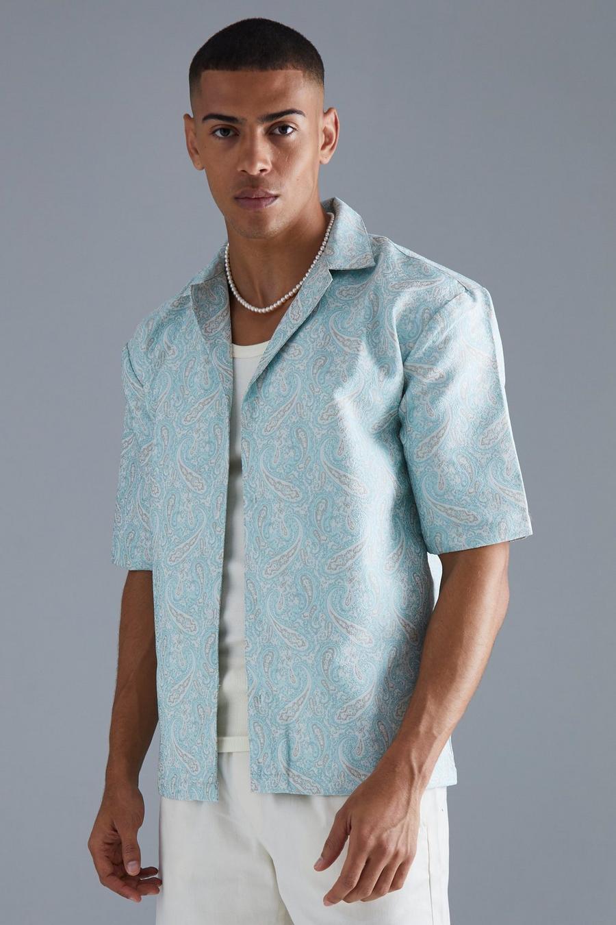Light blue Short Sleeve Drop Revere Paisley Jacquard Shirt 