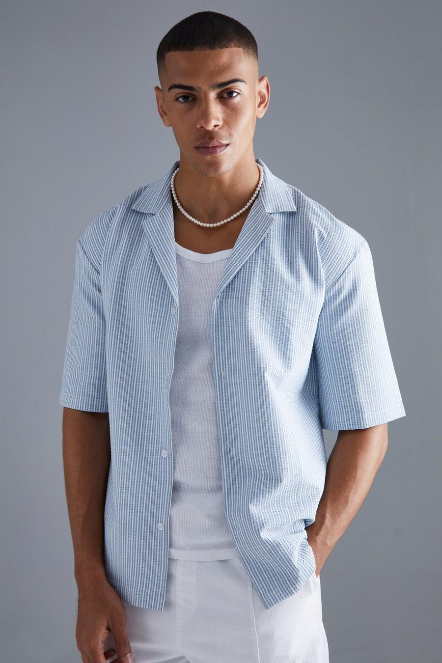 Blue Short Sleeve Drop Revere Textured Stripe Shirt