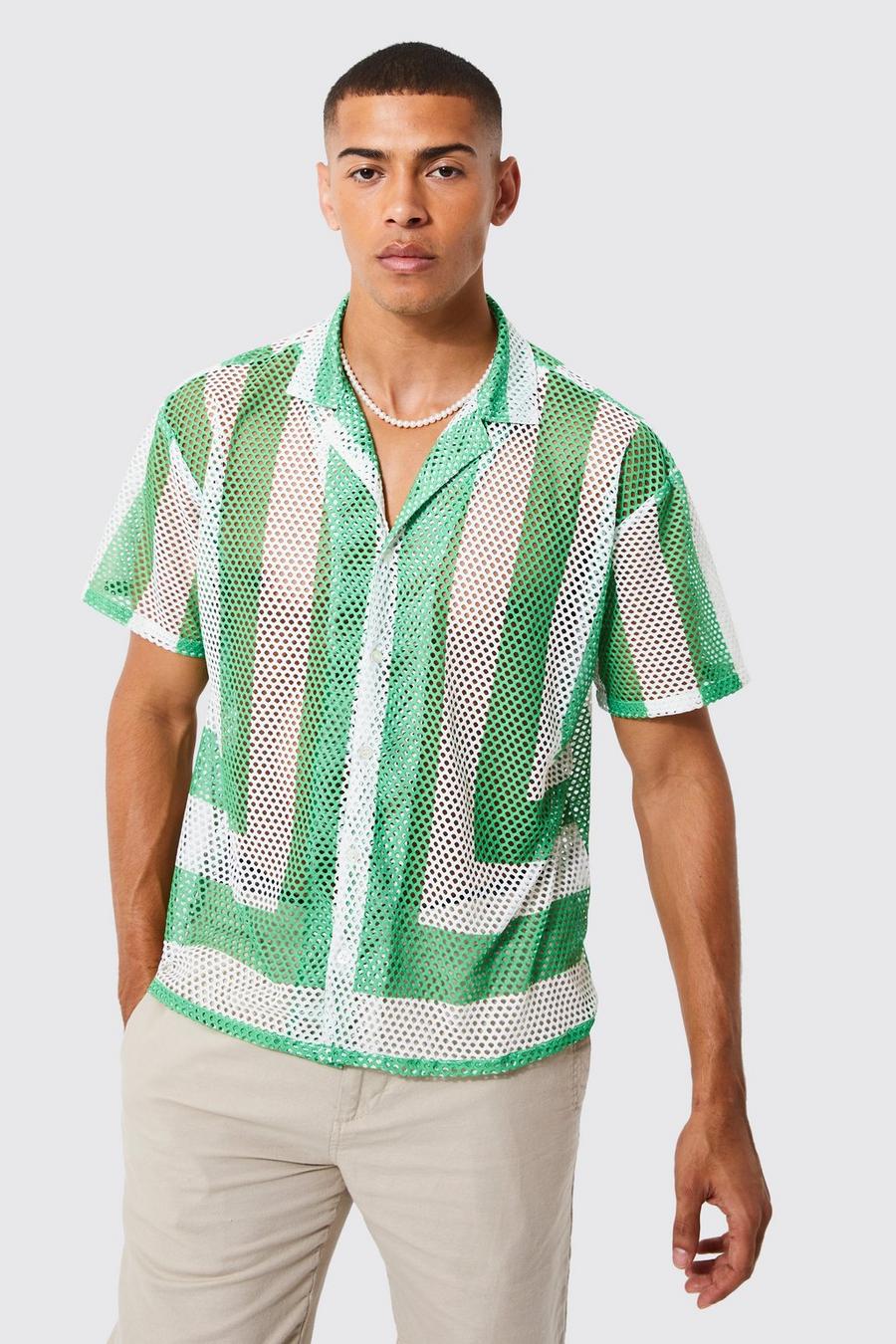 Green Short Sleeve Boxy Border Crochet Shirt image number 1