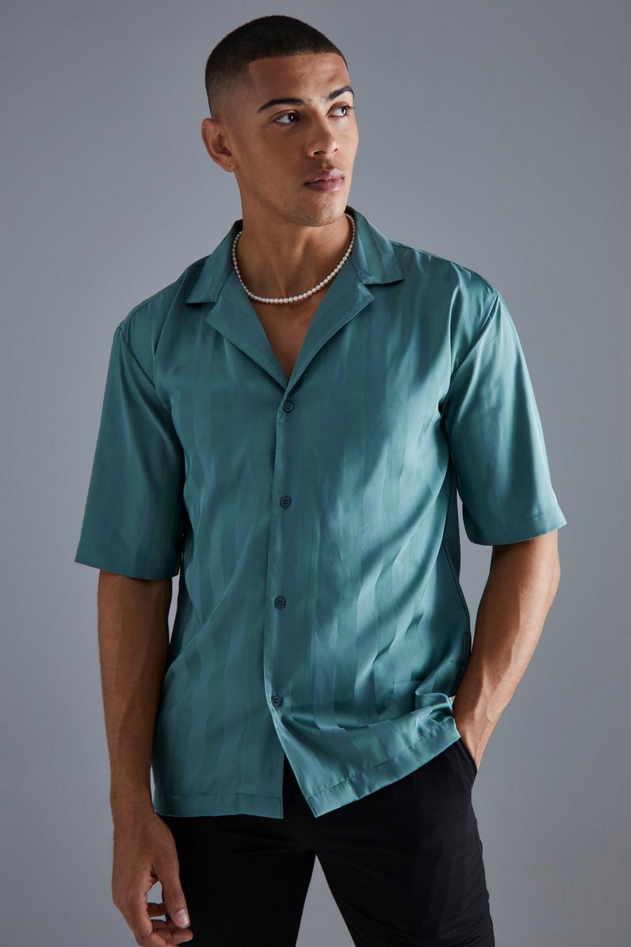 Green Short Sleeve Drop Revere Satin Stripe Shirt  image number 1