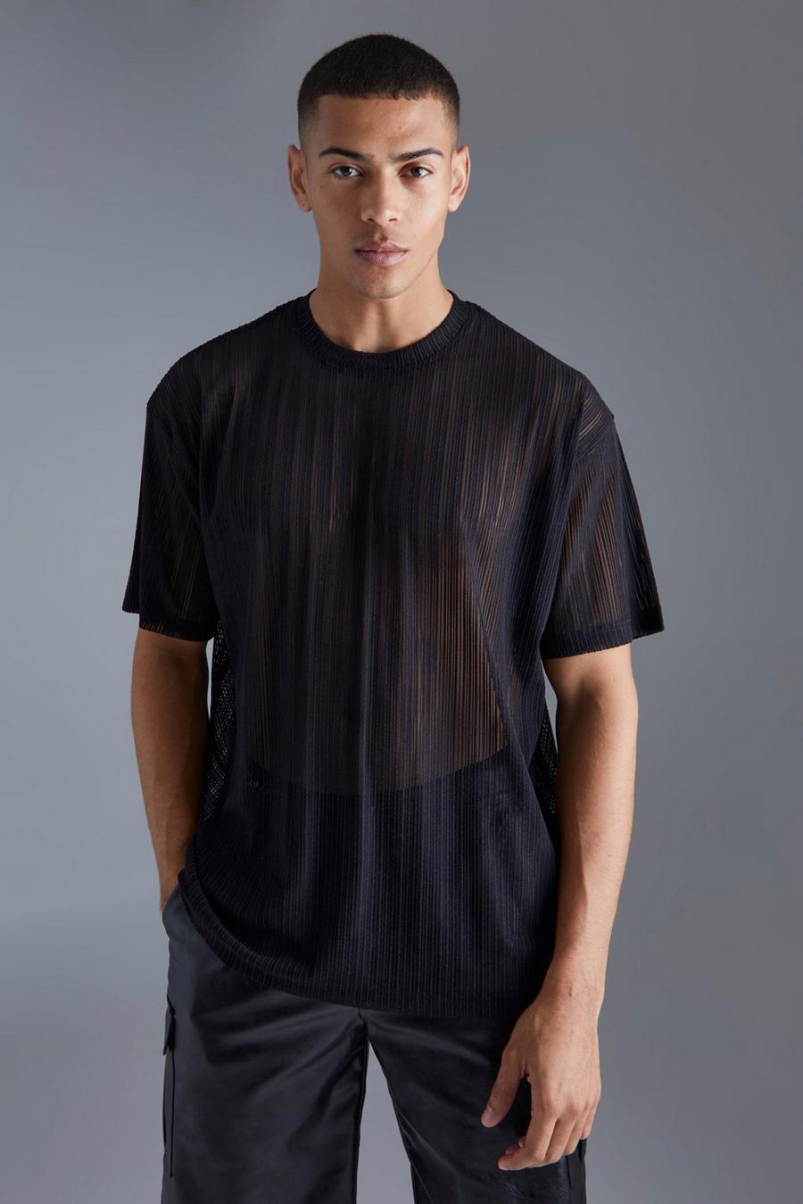 Camiseta oversize de rayas transparentes, Black nero