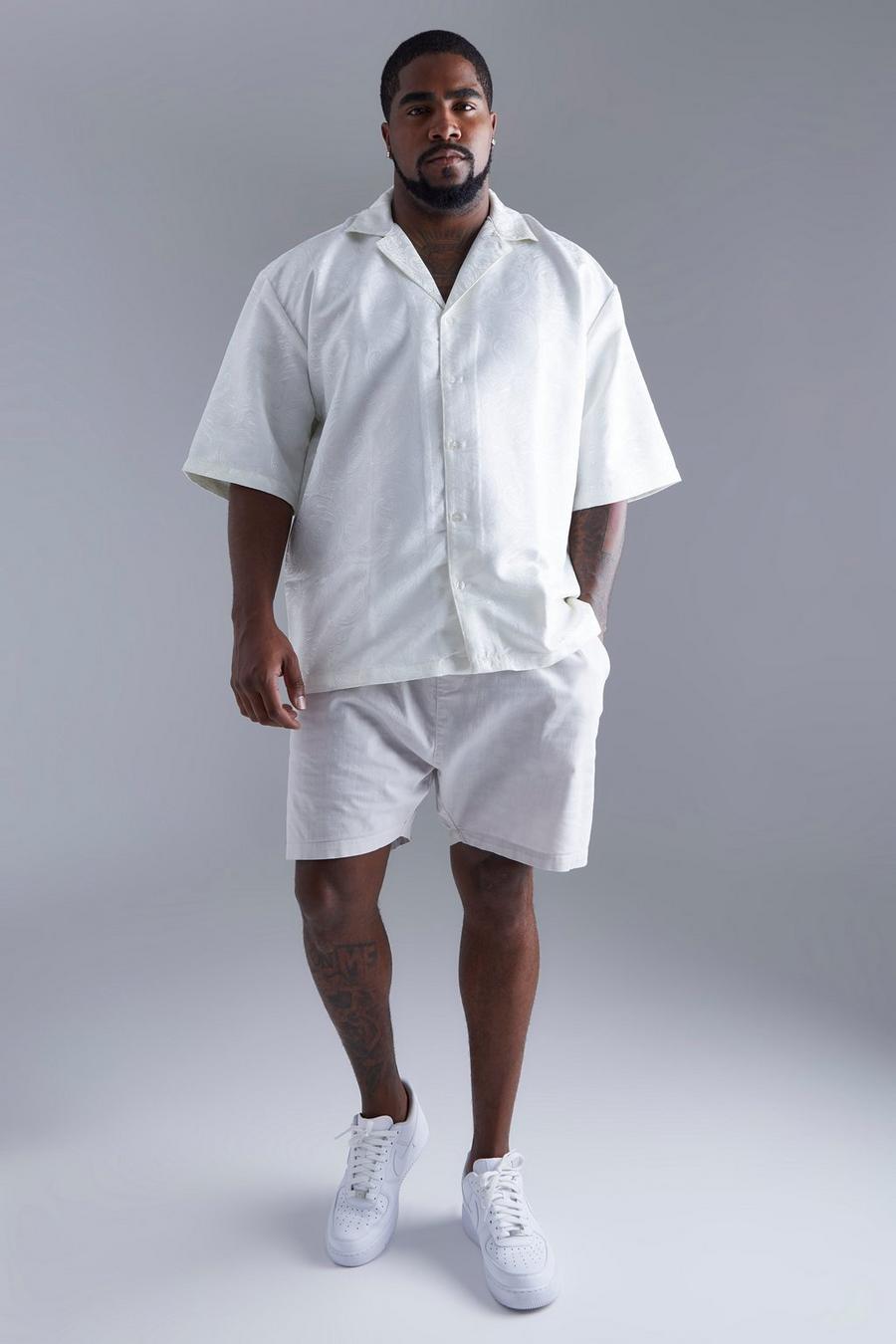 Ecru white Plus Short Sleeve Drop Revere 3d Floral Shirt 