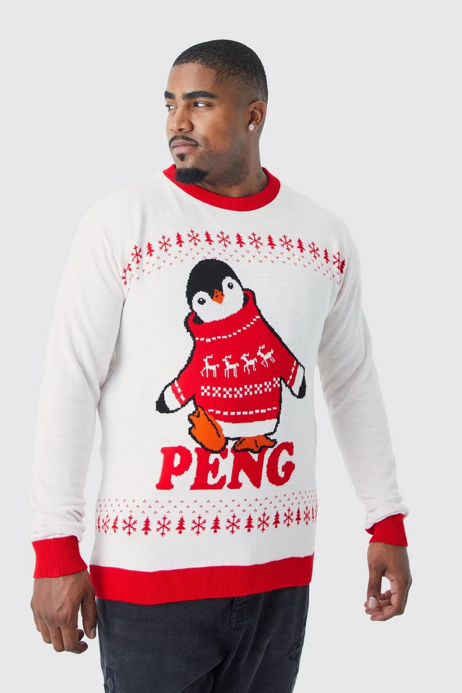 Maglione natalizio Plus Size con pinguino e pinguino, Ecru blanco