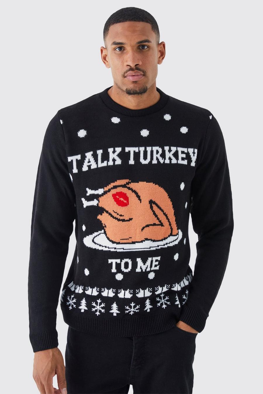 Black Tall Talk Turkey To Me Christmas Jumper image number 1