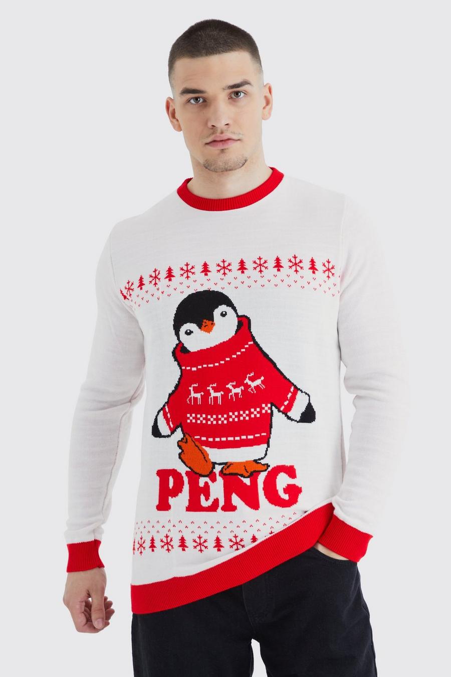Tall Peng Pinguin Weihnachtspullover, Ecru