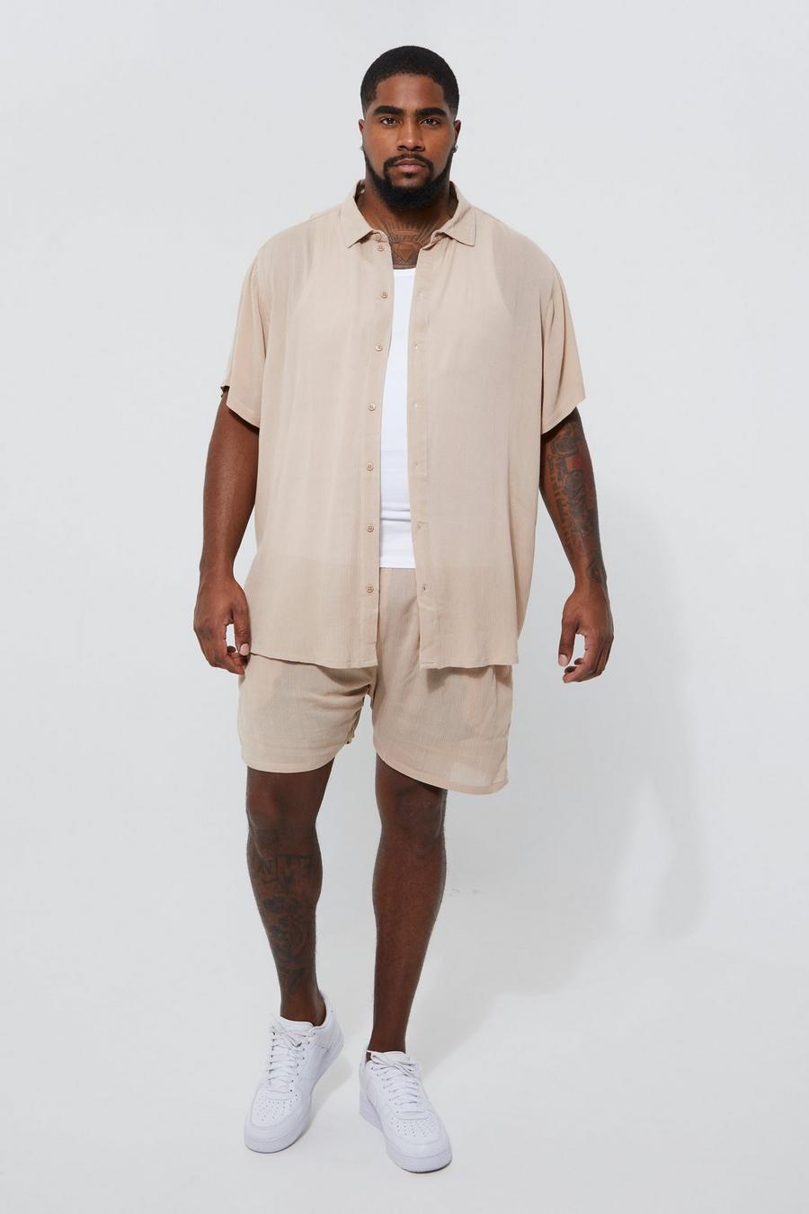 Stone beige Plus Short Sleeve Cheese Cloth Shirt And Short Set