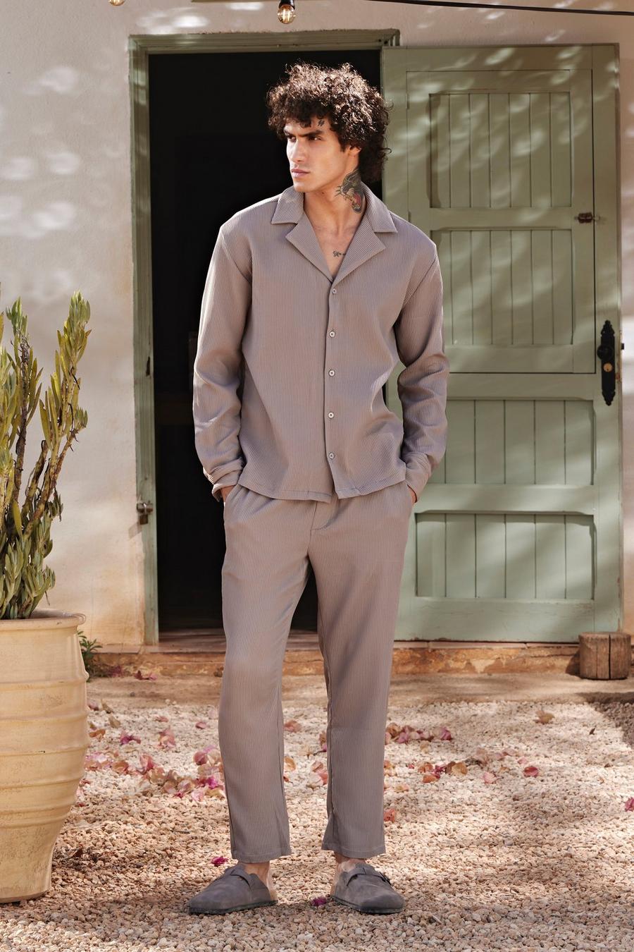 Taupe beige Pleated Dropped Revere Long Sleeve Shirt And Tapered Trouser image number 1