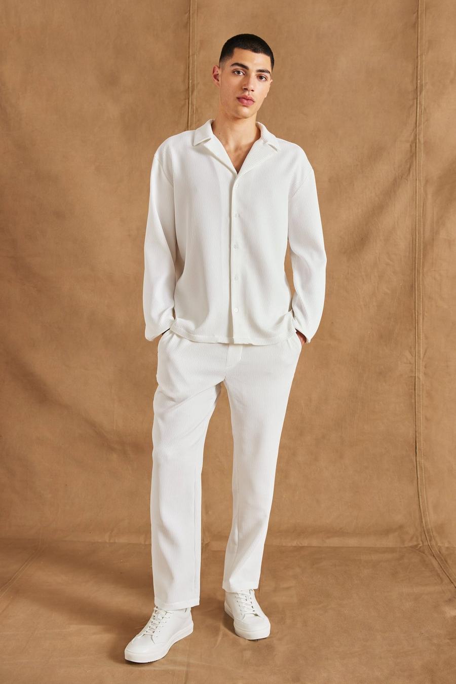 White Pleated Dropped Revere Long Sleeve Shirt And Tapered Trouser