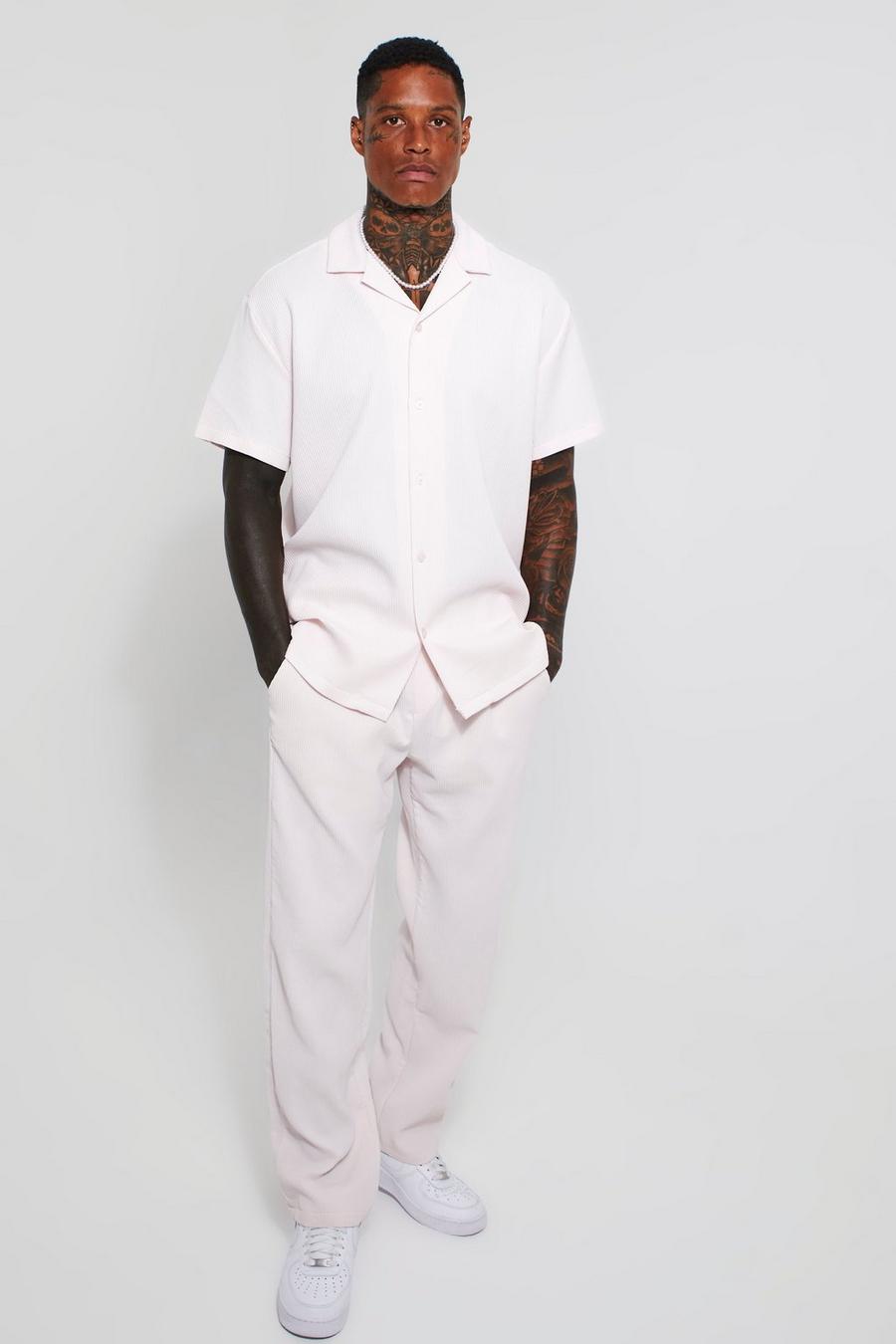 Dusty pink Oversize plisserad skjorta & raka byxor image number 1