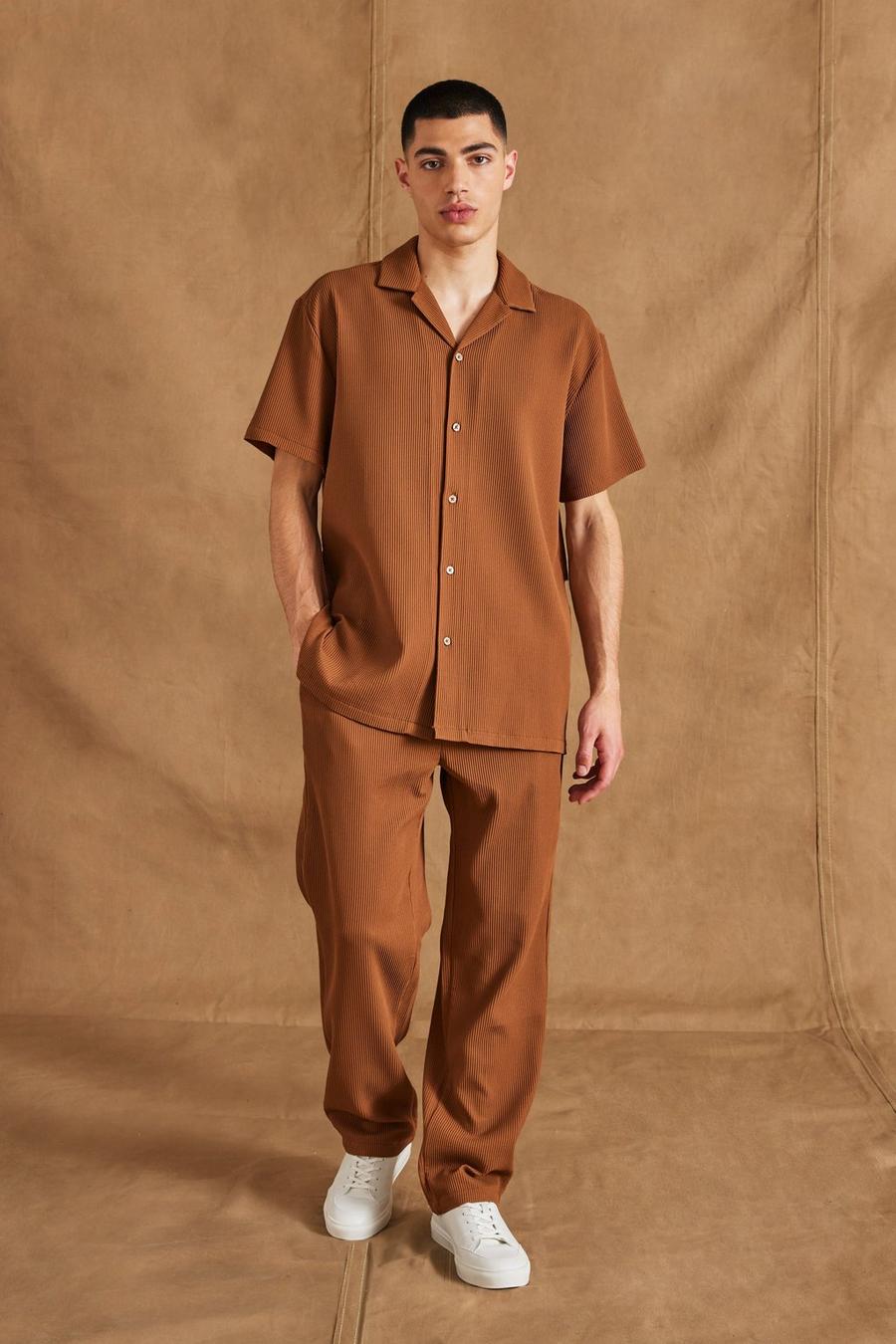 Chocolate Pleated Oversized Shirt And Straight Trouser image number 1