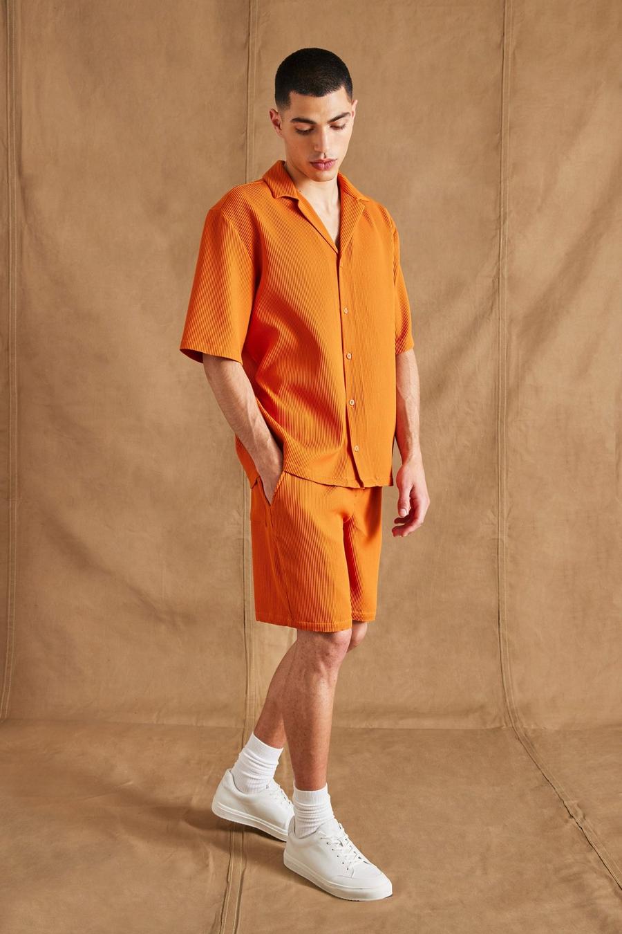 Burnt orange Pleated Dropped Revere Shirt And Short Set image number 1