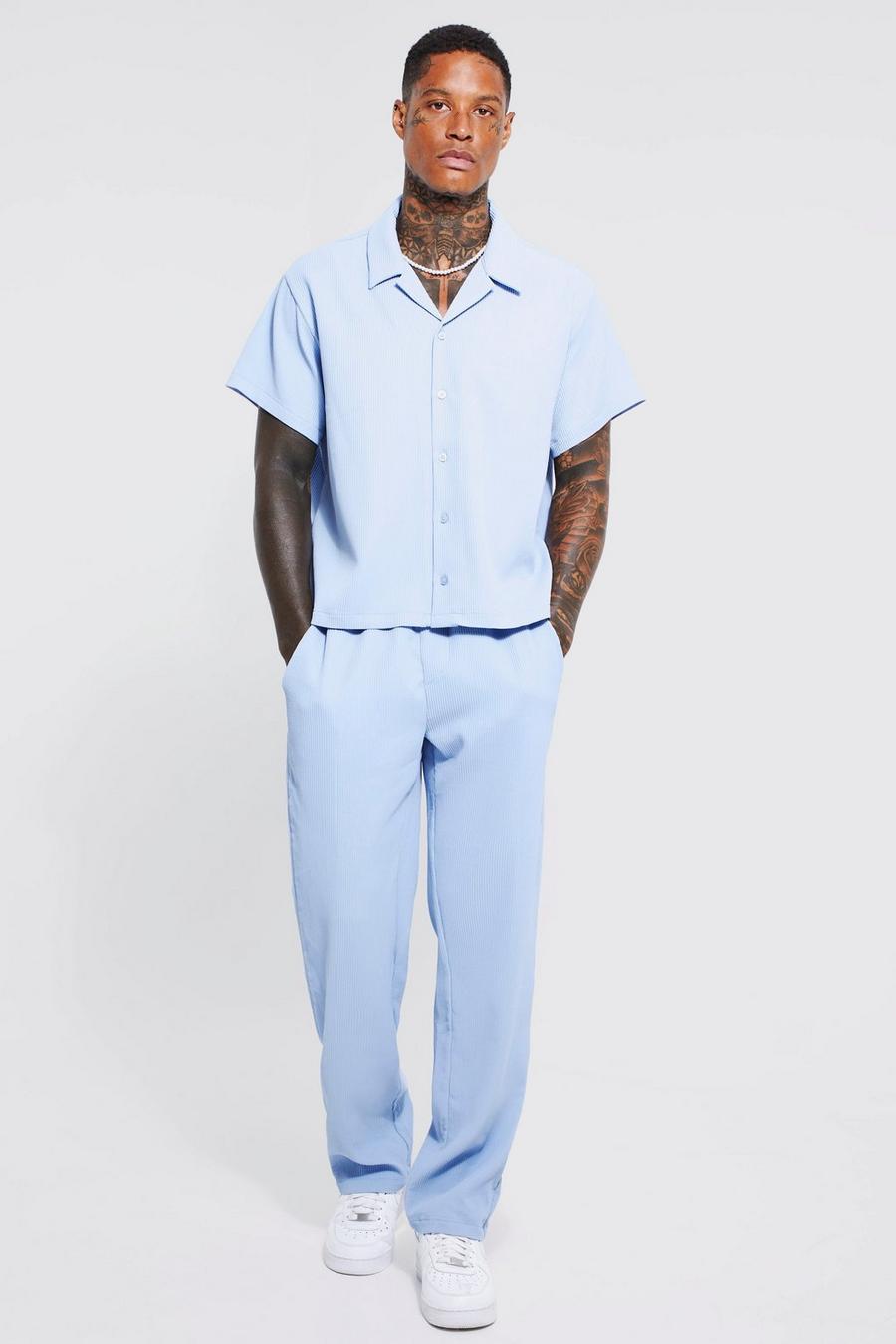 Dusty blue Pleated Boxy Shirt And Straight Trouser