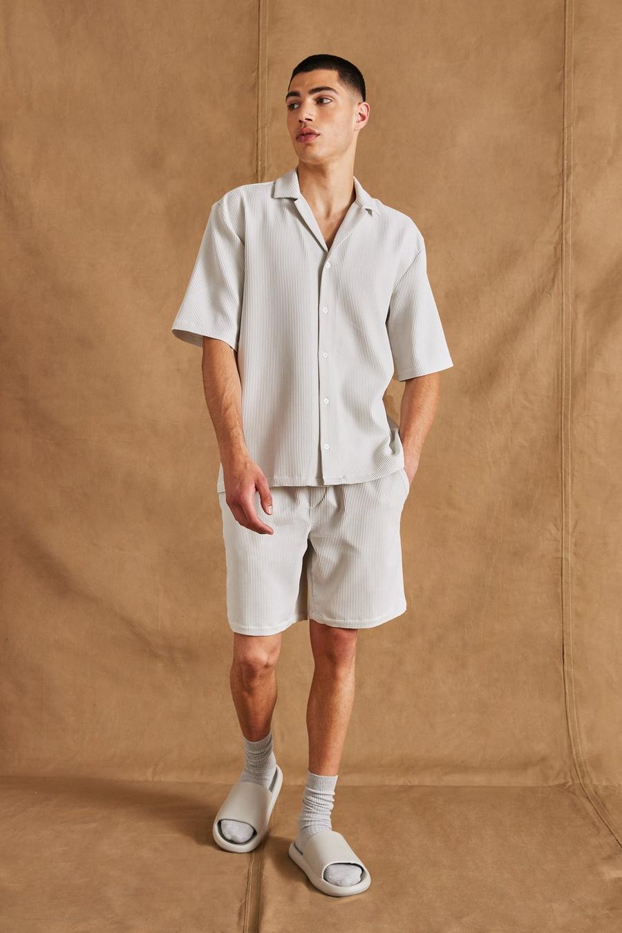 Pale grey Pleated Dropped Revere Shirt And Short Set image number 1