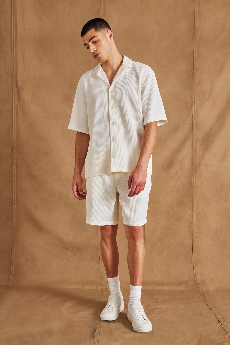 Ecru Pleated Dropped Revere Shirt And Short Set image number 1