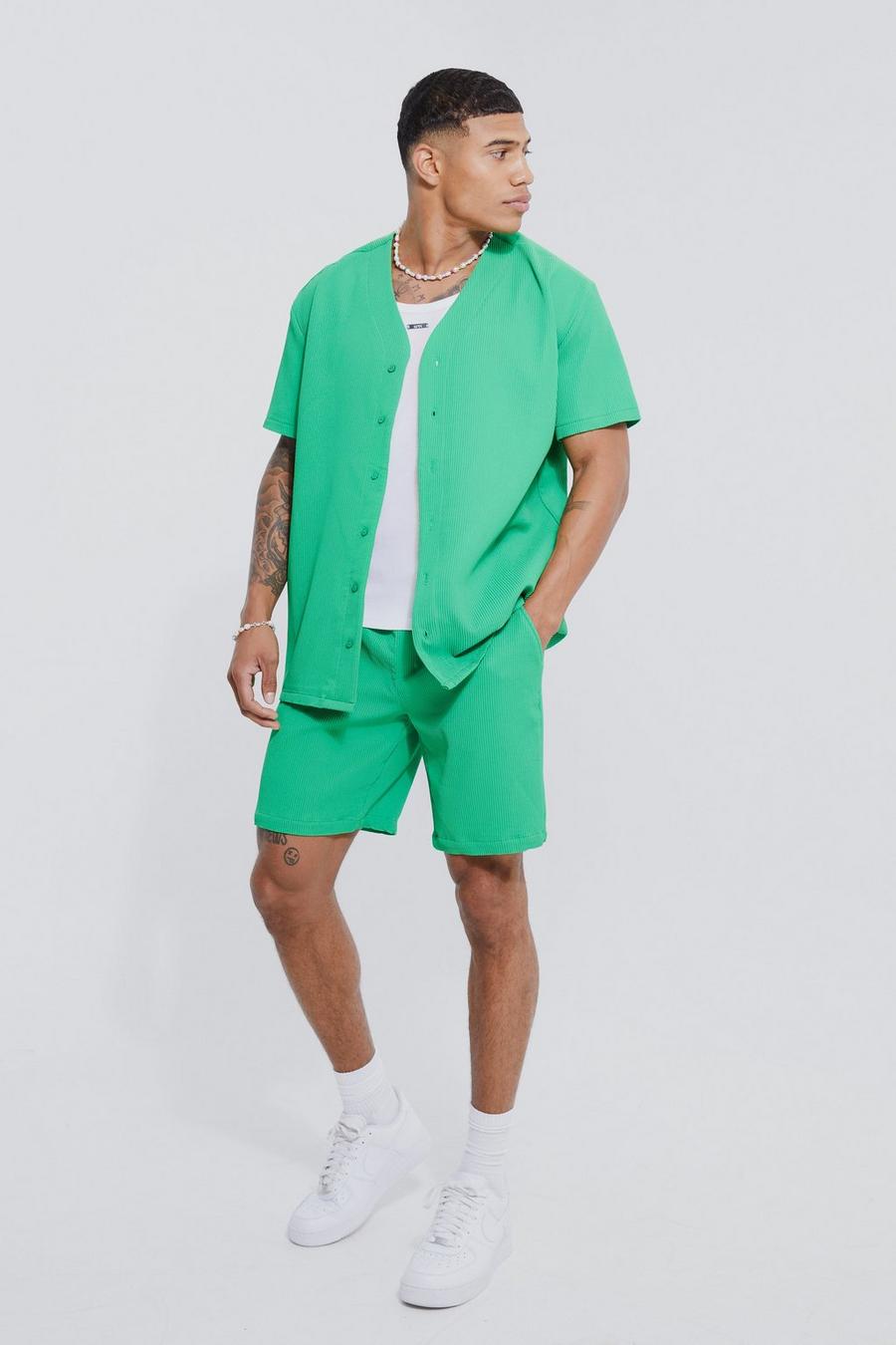Green Pleated Baseball Shirt And Short Set image number 1