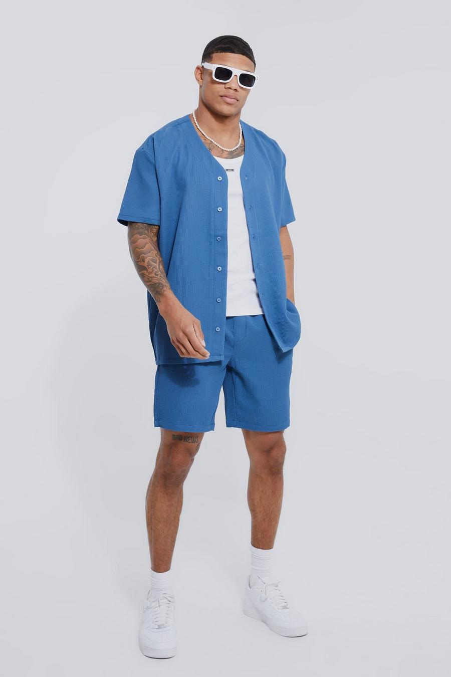 Teal green Pleated Baseball Shirt And Short Set image number 1