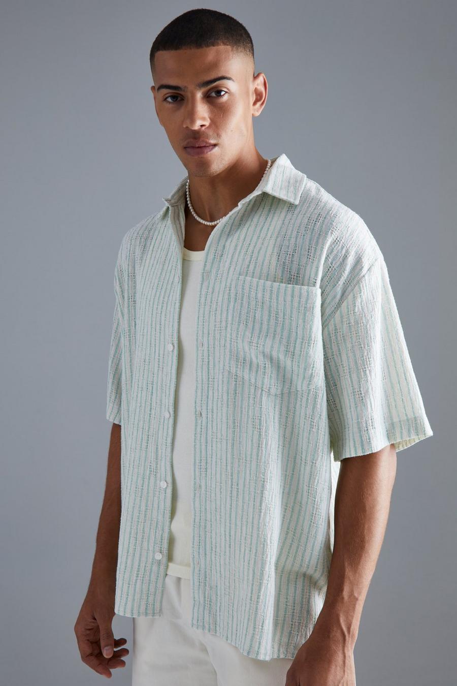Green Short Sleeve Oversized Linen Look Stripe Shirt