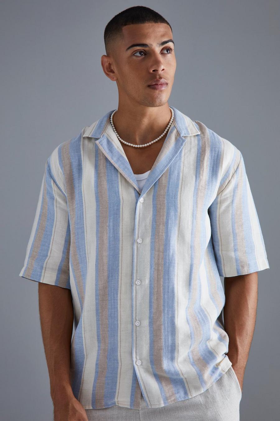 Stone Short Sleeve Drop Revere Stripe Linen Look Shirt image number 1